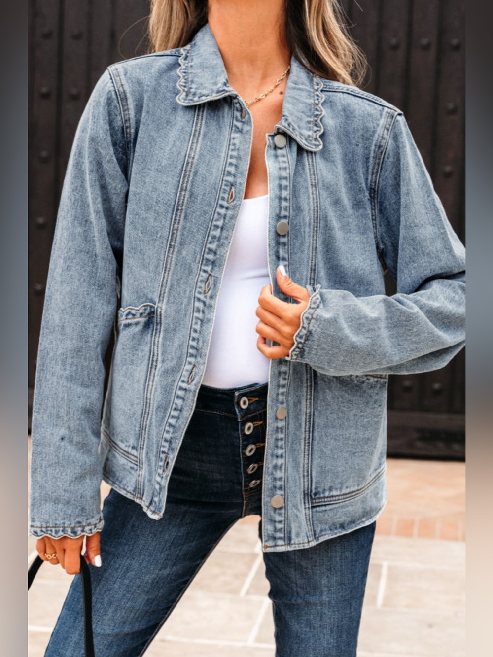 Scallop-Trim Light Blue Denim Jacket